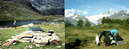 13) Zeltwanderung Val di Campo-Viola-Malghera-Val Poschiavo 4.-8.8.1996 / Biwakplatz am Lago di Malghera (links) und auf Aurafreida (rechts)     