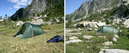 23) Zeltwanderung im Val Verzasca 27.-29.7.2004 / Biwakplatz am Lago del Starlaresc da Scimarmota (links) und am Lago del Starlaresc da Sgiof (rechts)     